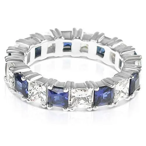 4.70 CT Princess Cut Blue Sapphires & Diamonds - Eternity Ring