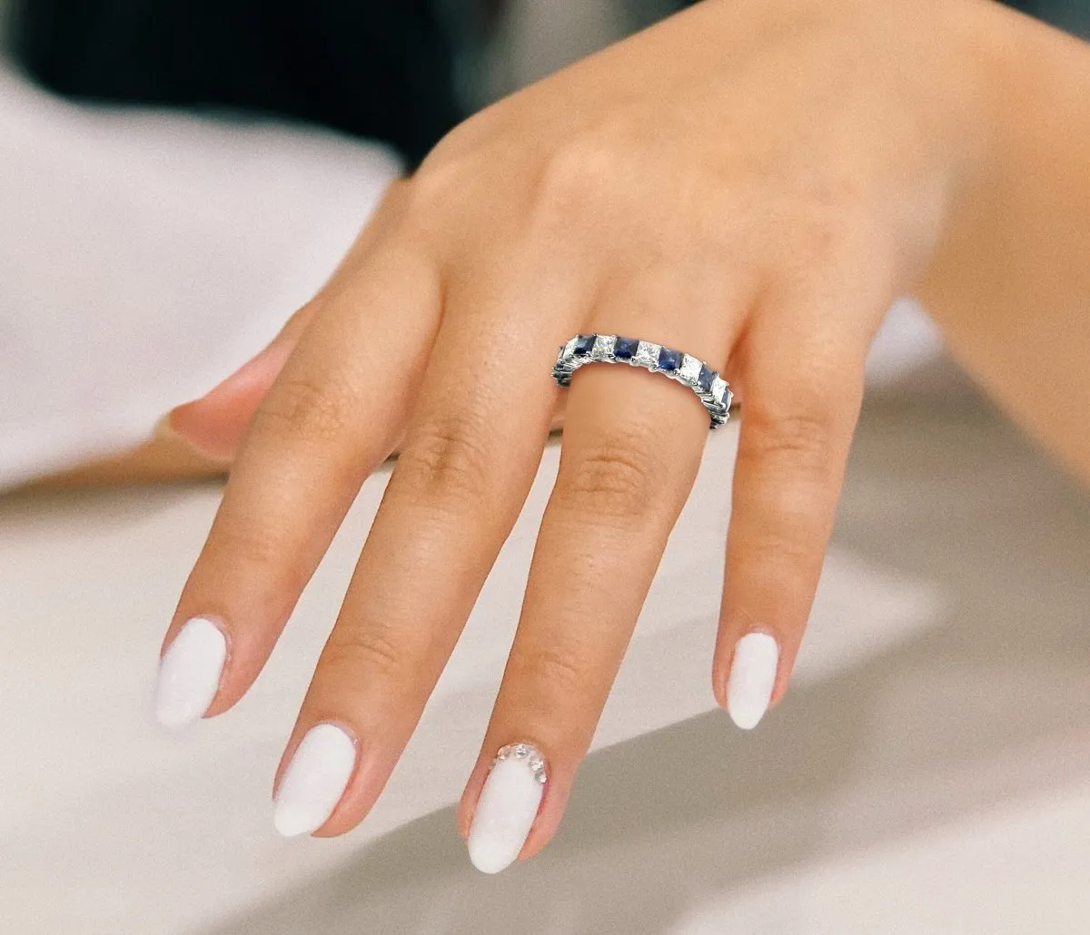 4.70 CT Princess Cut Blue Sapphires & Diamonds - Eternity Ring