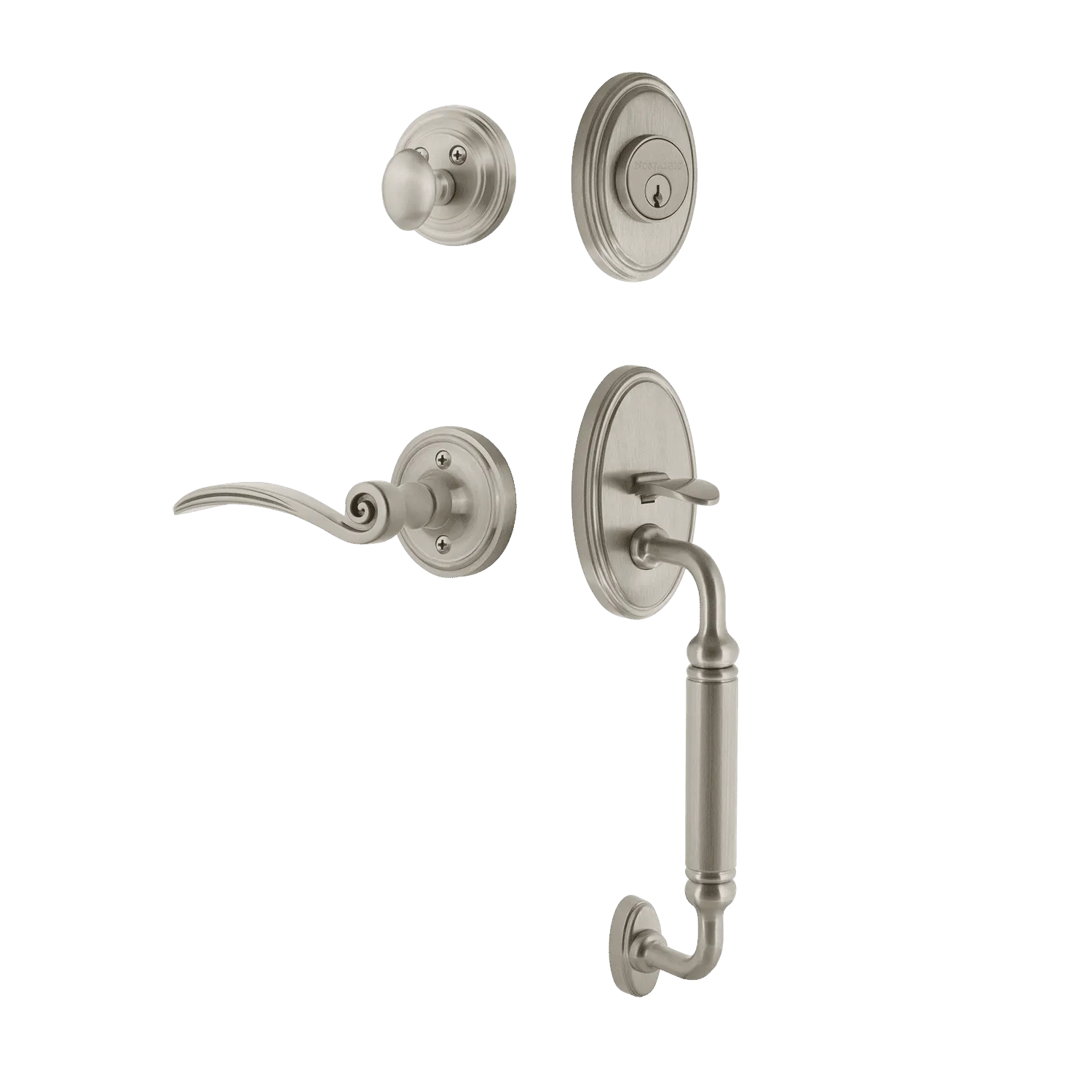 Classic Handleset with C-Grip and Classic Rosette with Swan Lever in Satin Nickel