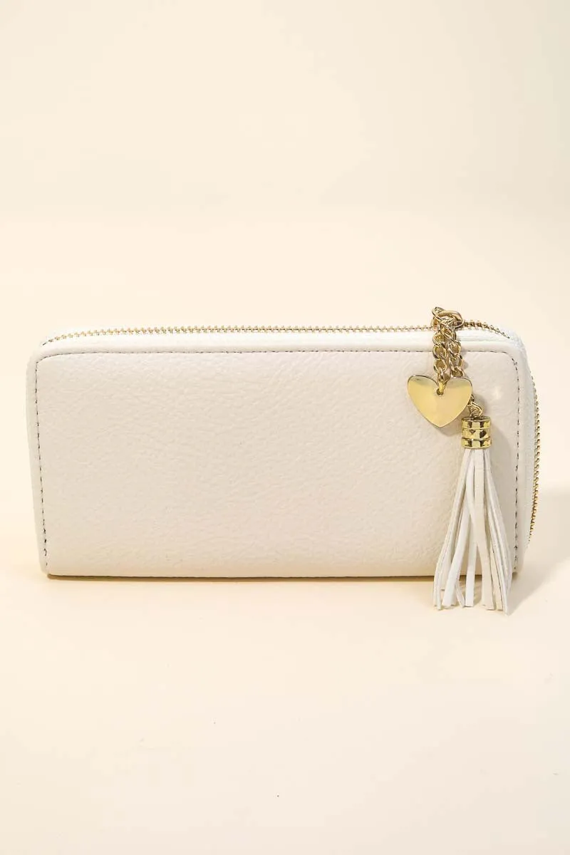 Cream Classic Heart & Tassel Zip Up Wallet