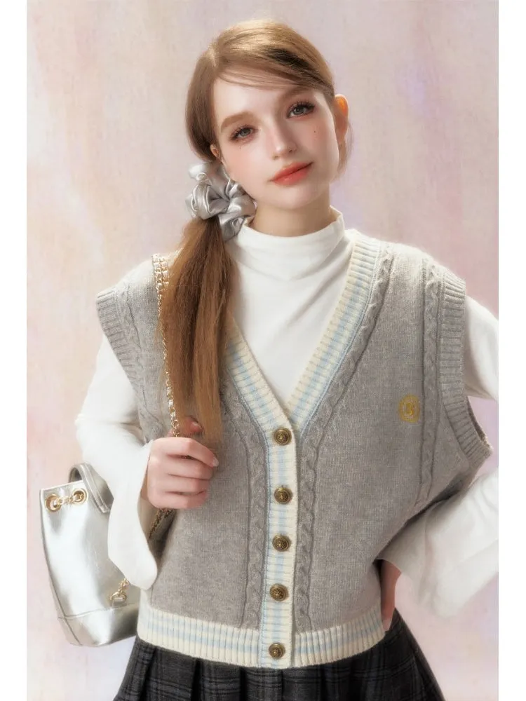 Embroidered V-Neck Knit Jacquard Vest Cardigan【s0000006472】