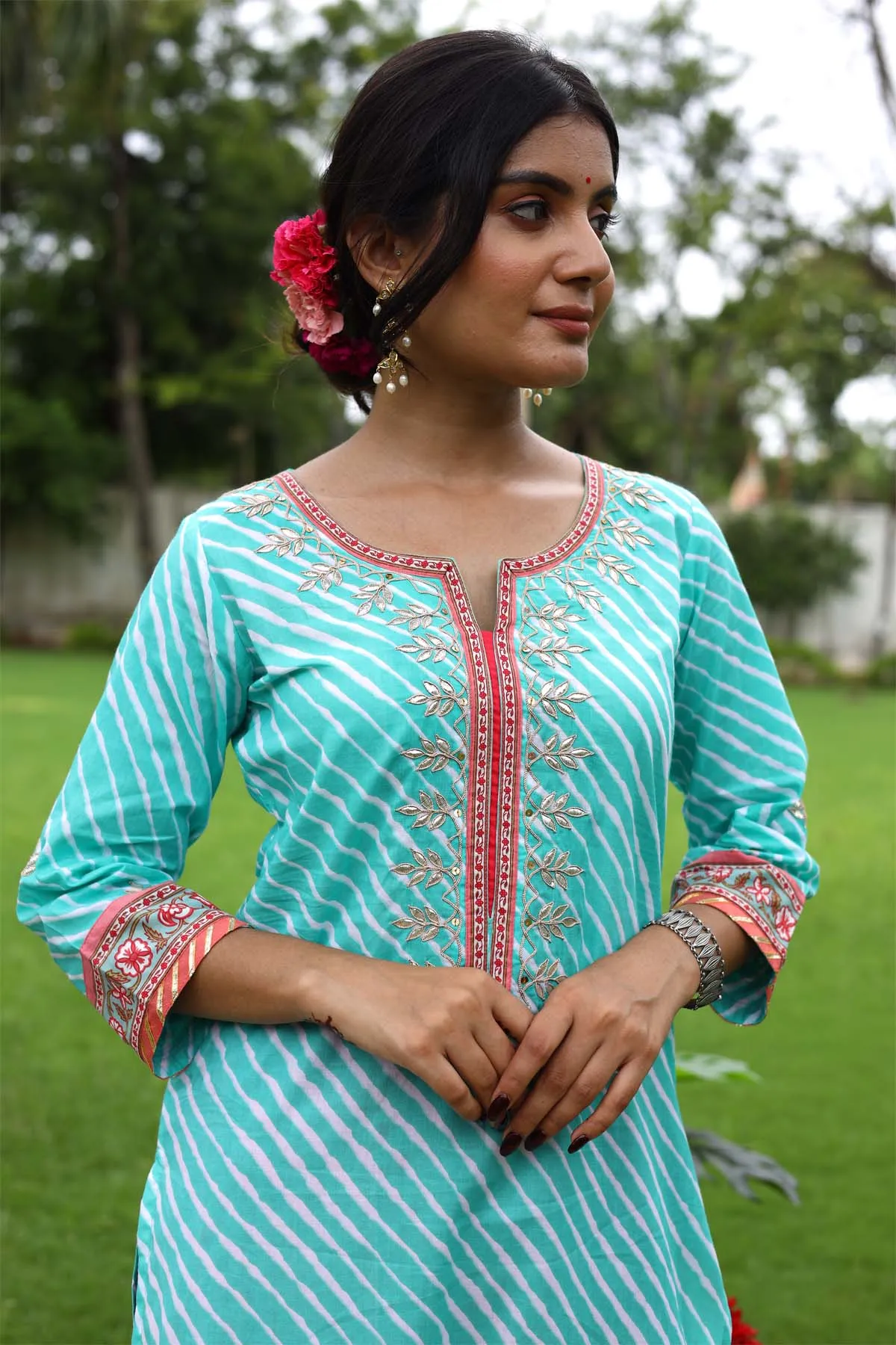 Green Leheriya Straight fit Kurta