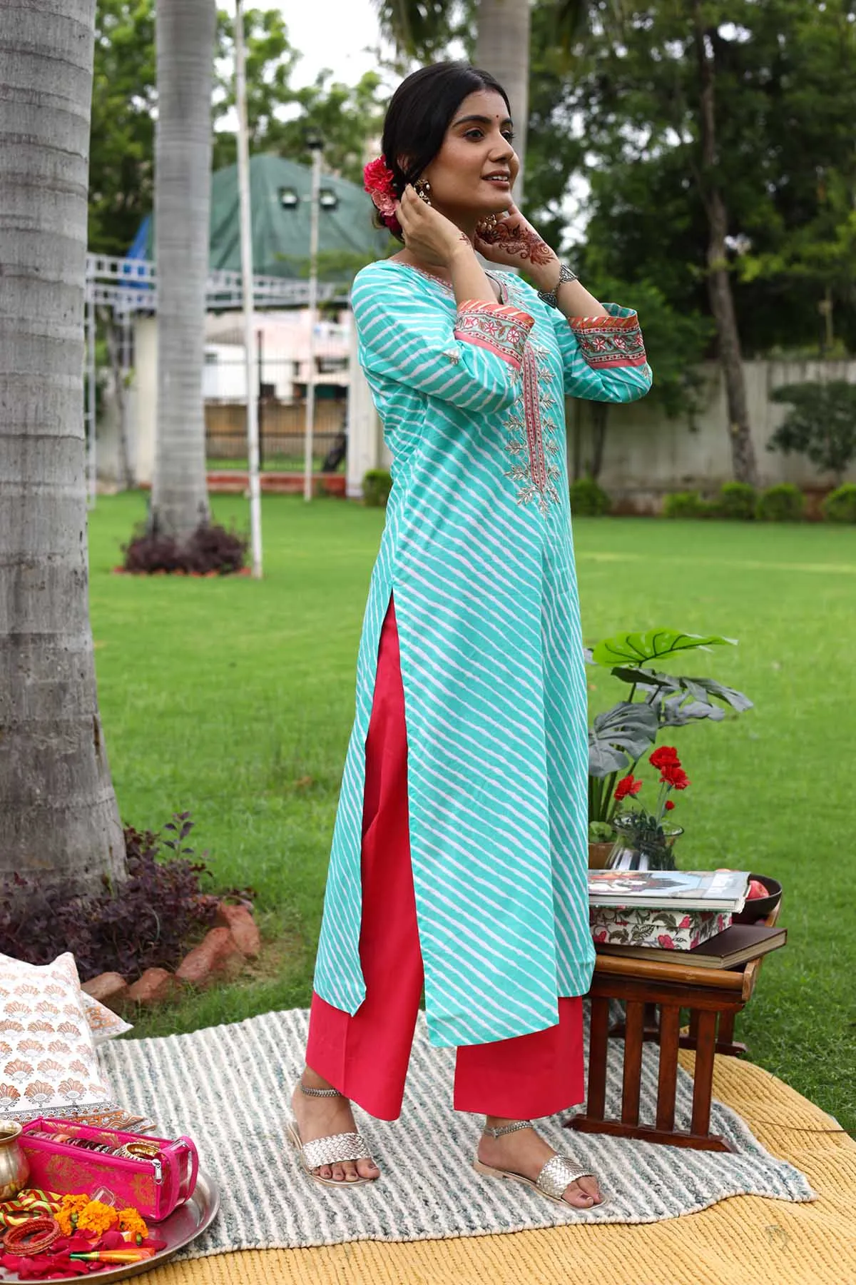 Green Leheriya Straight fit Kurta