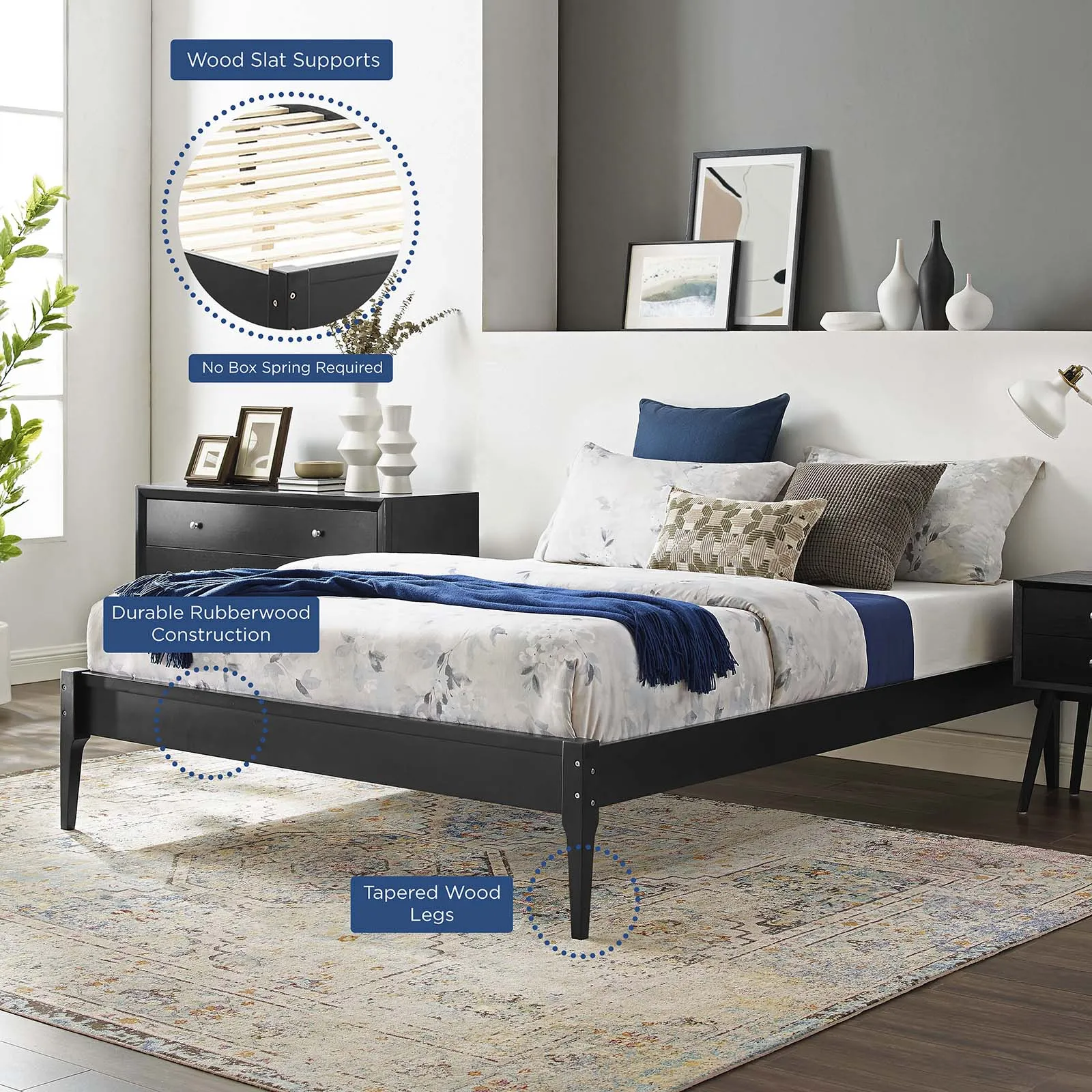 June Queen Wood Platform Bed Frame Black MOD-6246-BLK