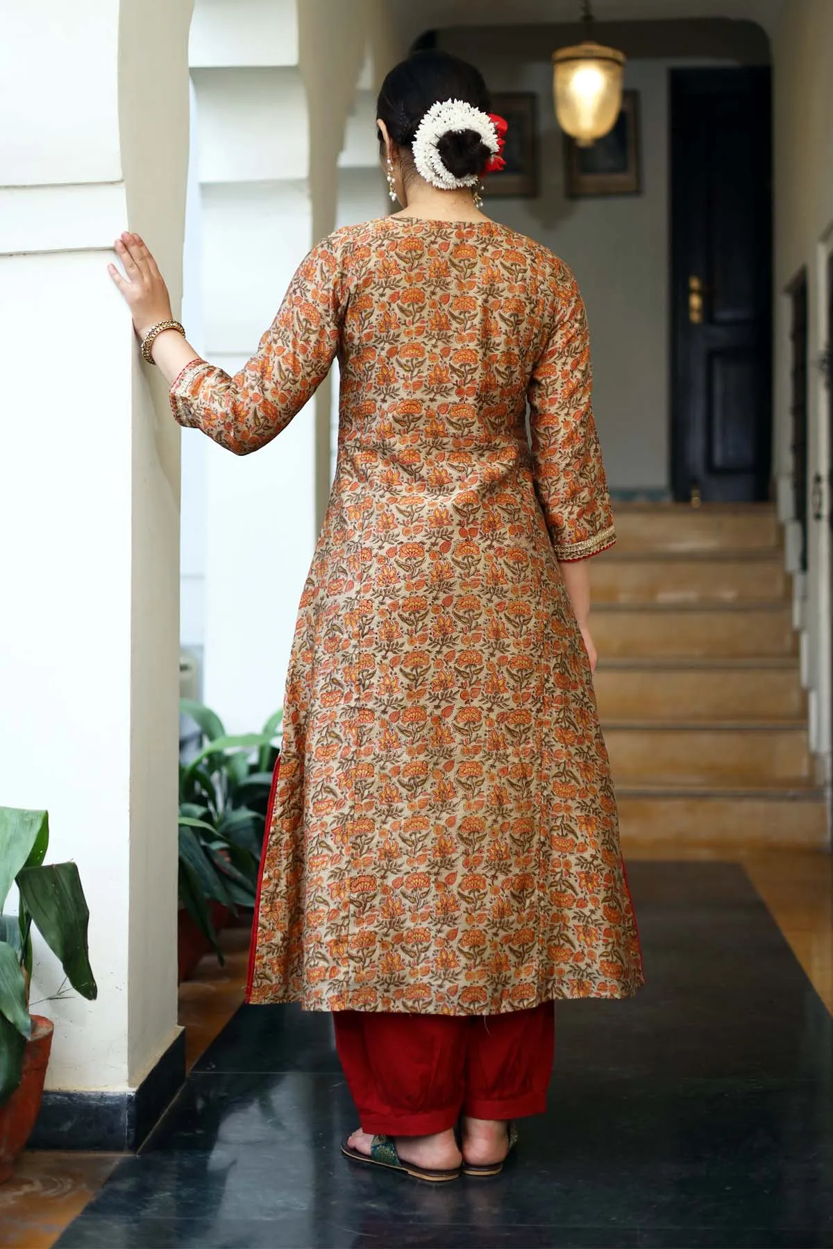 Kalidaar A-Line Chanderi Kurta in Olive Green Color