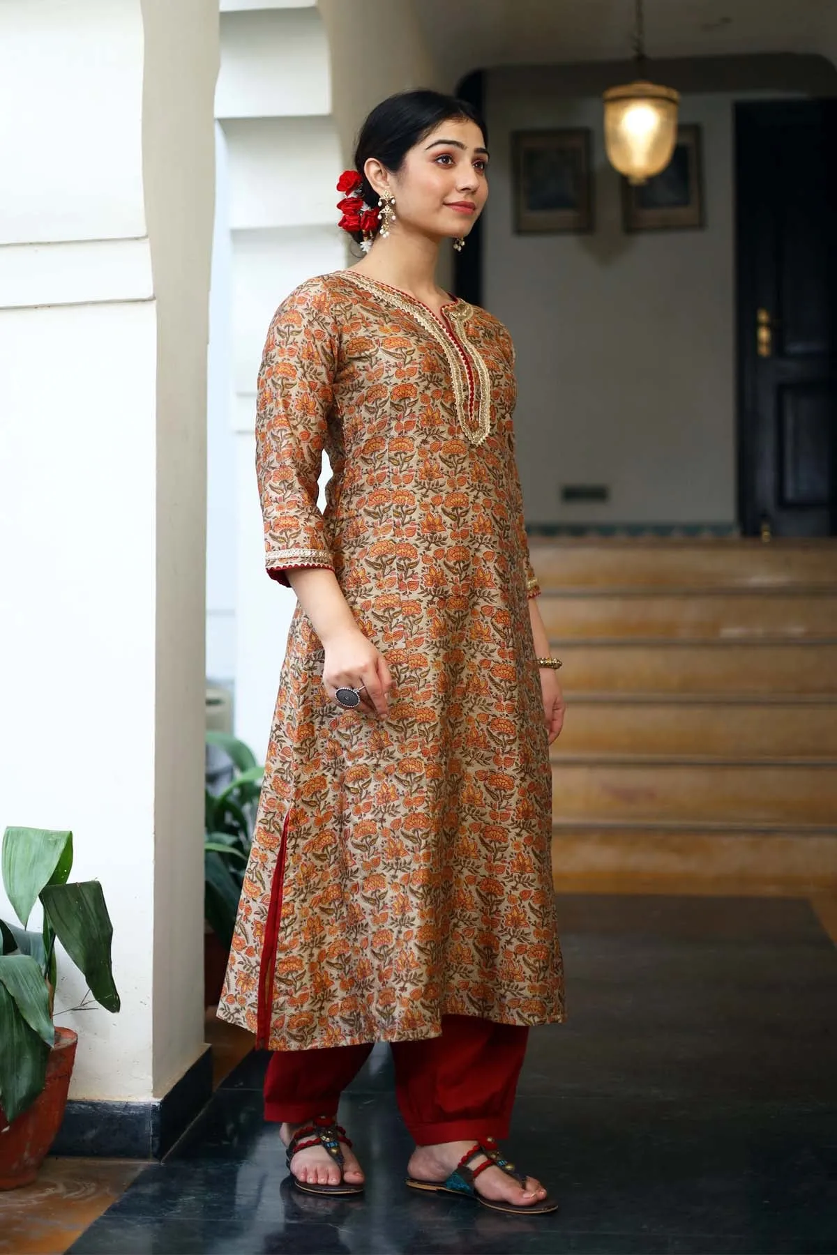 Kalidaar A-Line Chanderi Kurta in Olive Green Color