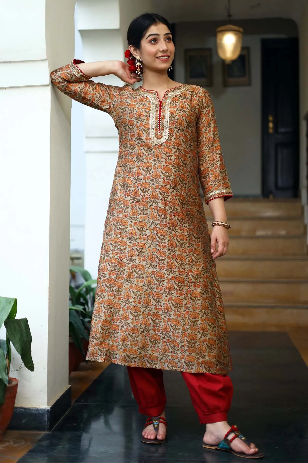 Kalidaar A-Line Chanderi Kurta in Olive Green Color