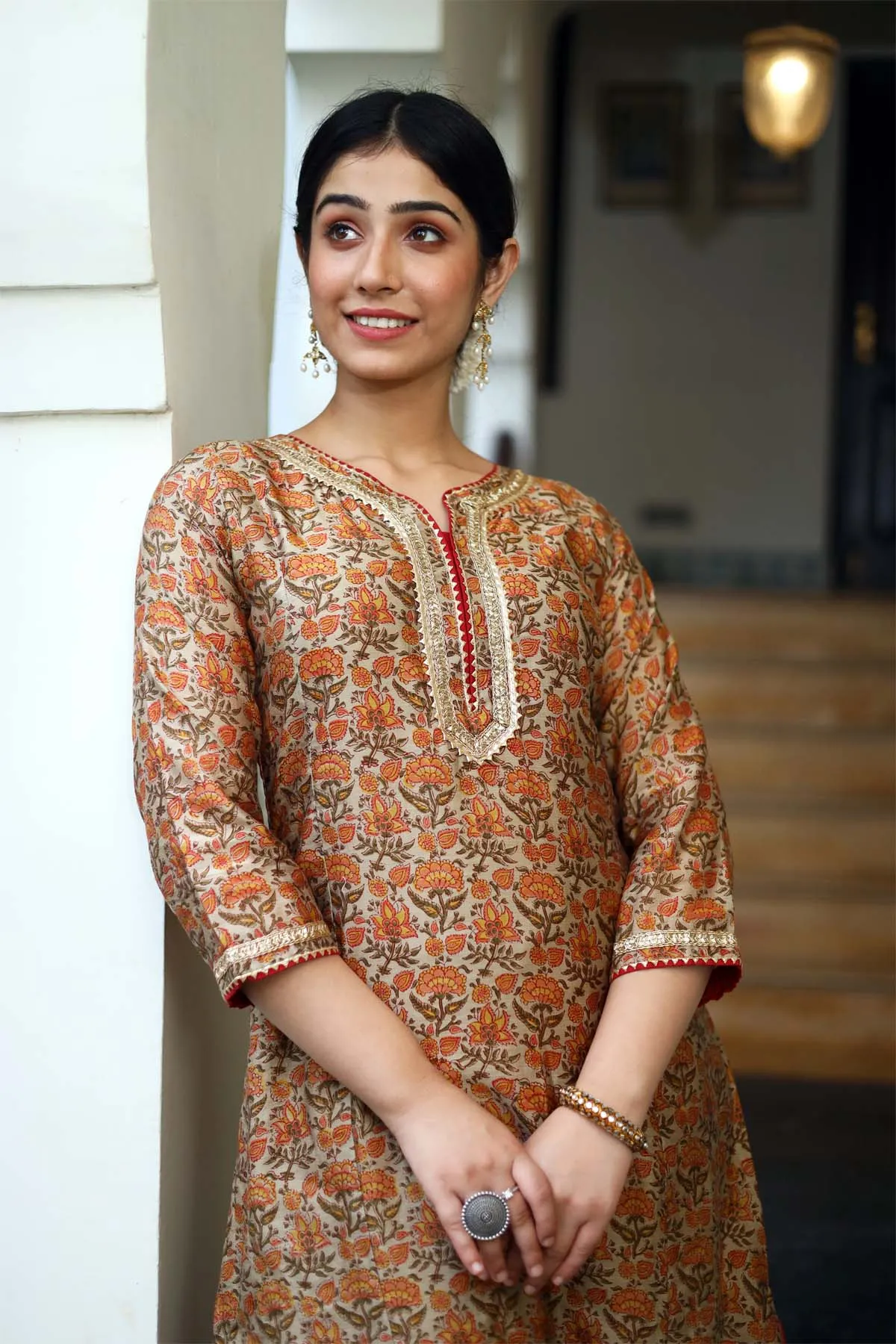 Kalidaar A-Line Chanderi Kurta in Olive Green Color