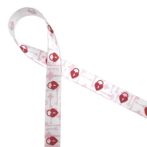 Keys and heart locks Ribbon in pink and red on 5/8" white single face satin