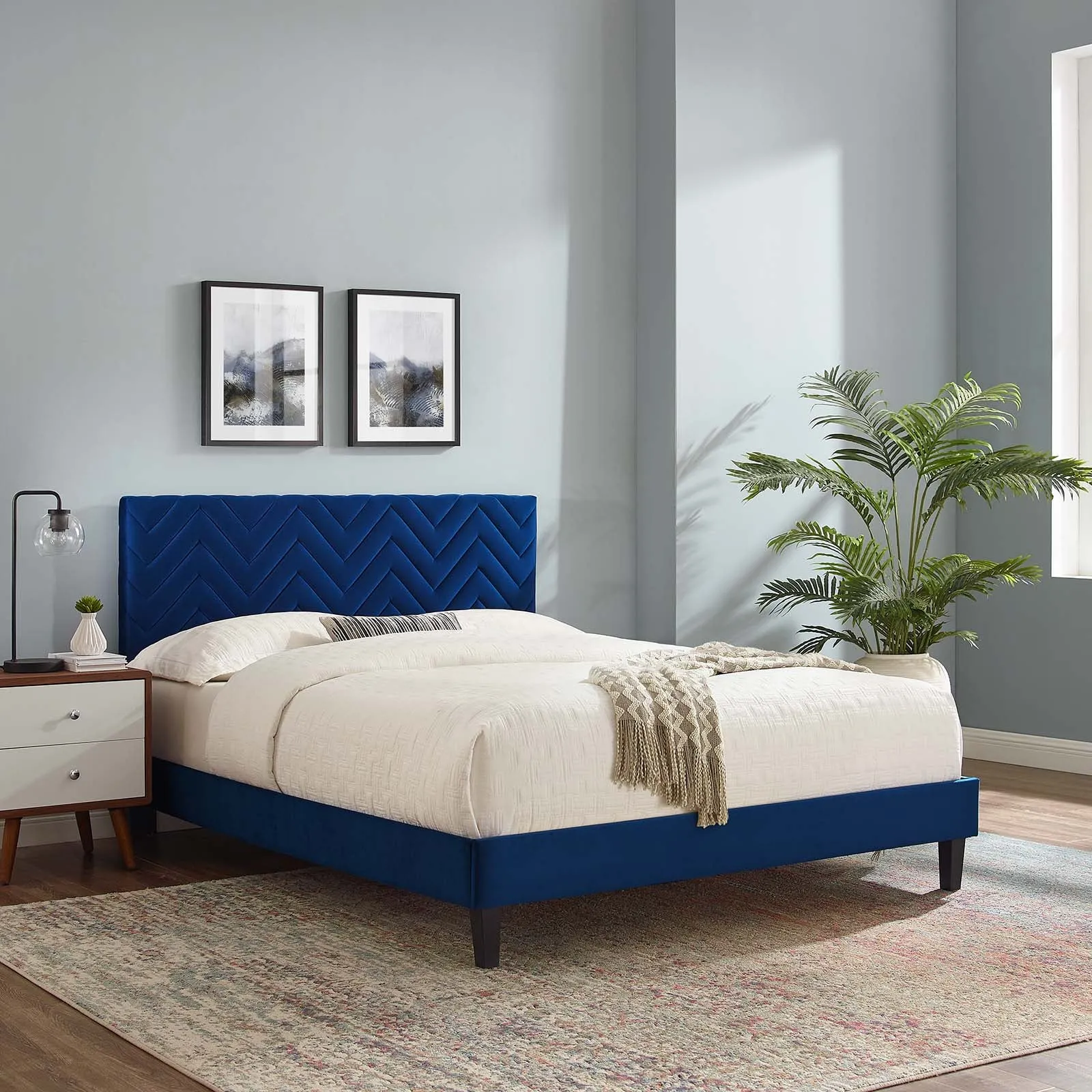 Leah Chevron Tufted Performance Velvet Queen Platform Bed Navy MOD-6973-NAV