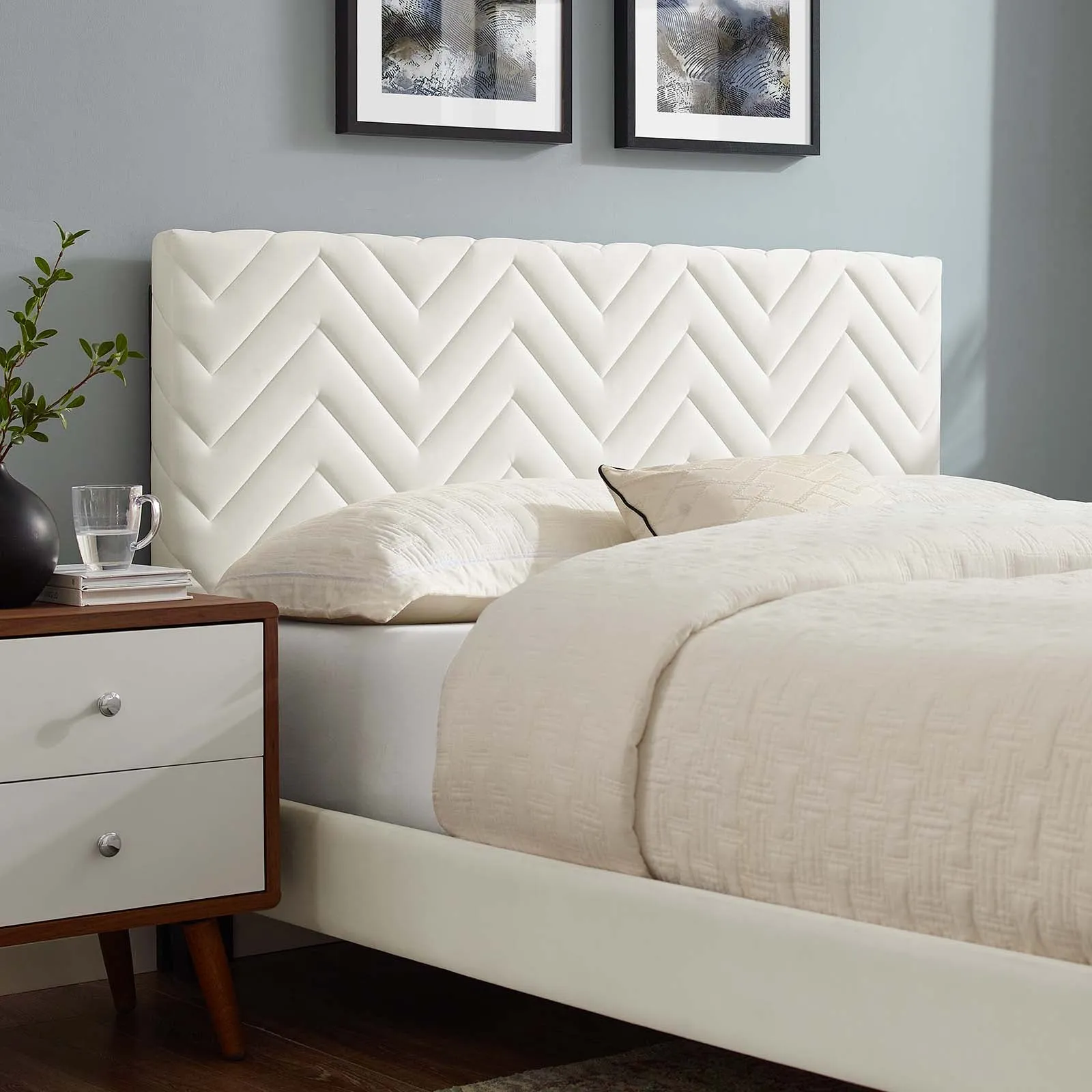 Leah Chevron Tufted Performance Velvet Twin Platform Bed White MOD-6989-WHI