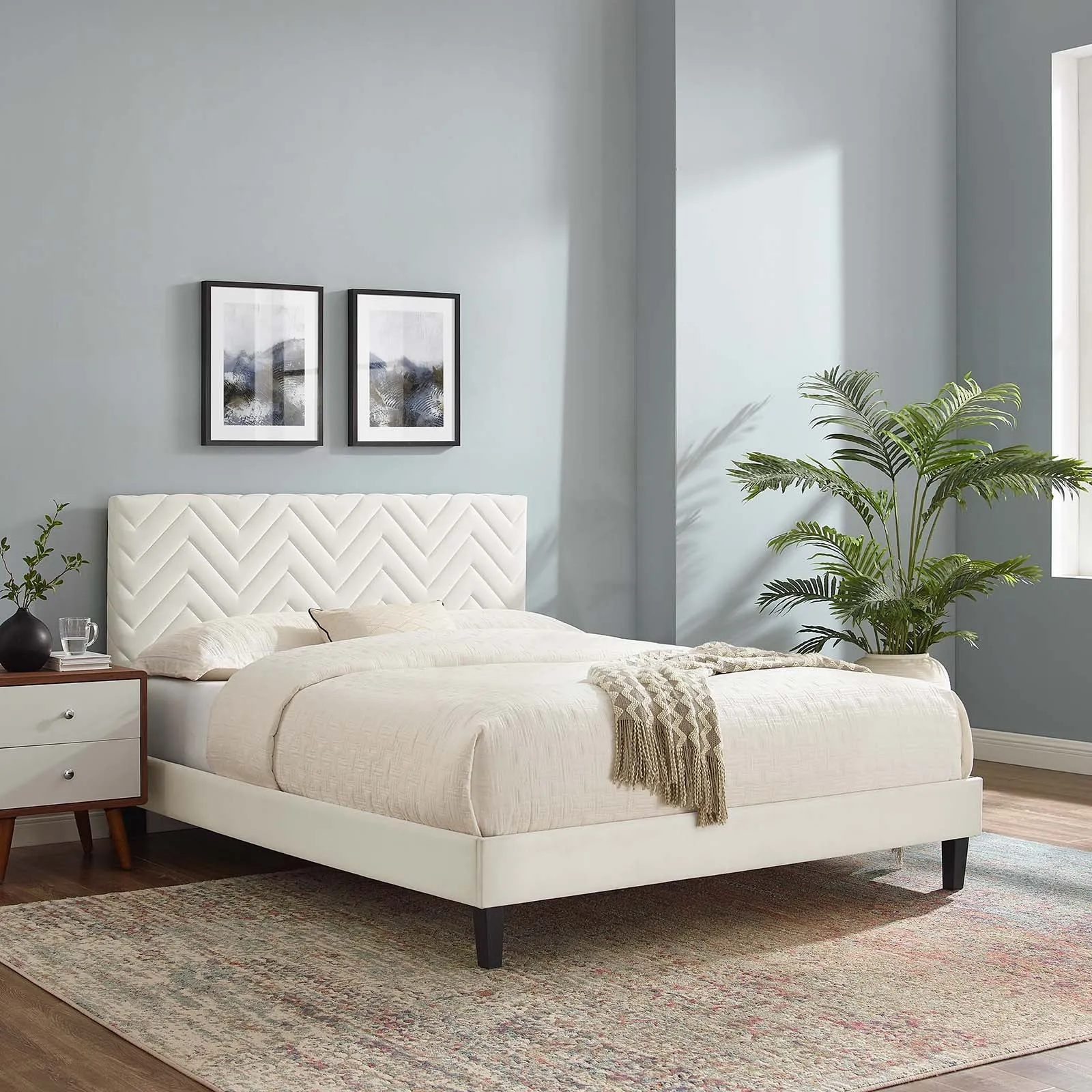 Leah Chevron Tufted Performance Velvet Twin Platform Bed White MOD-6989-WHI