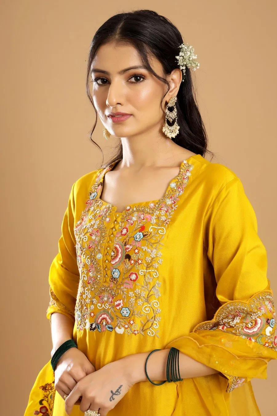 Mustard Modal Chanderi Embroidered Sharara Set