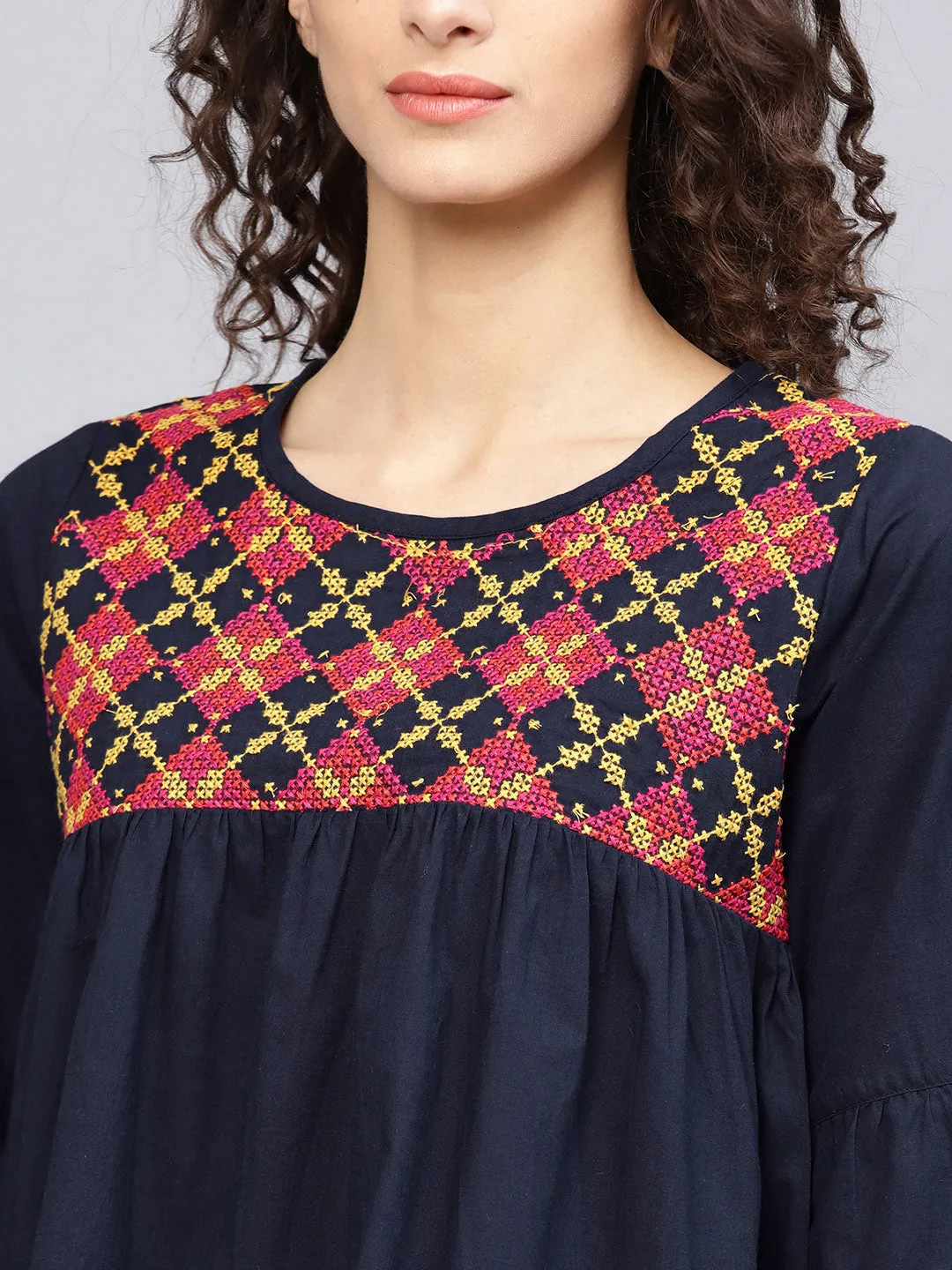 Navy Blue Embroidered A-Line Top