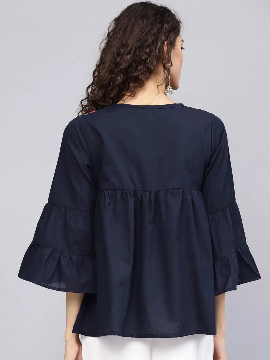 Navy Blue Embroidered A-Line Top