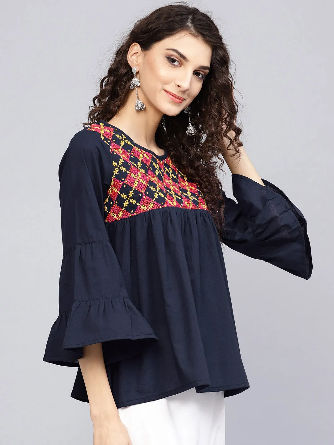 Navy Blue Embroidered A-Line Top