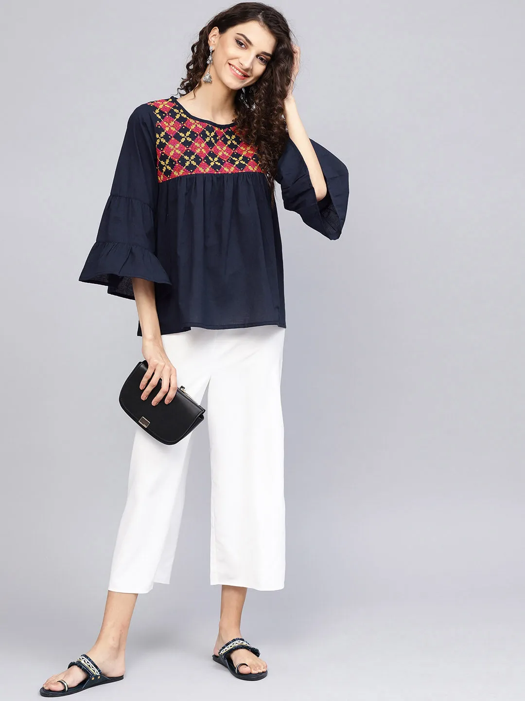 Navy Blue Embroidered A-Line Top