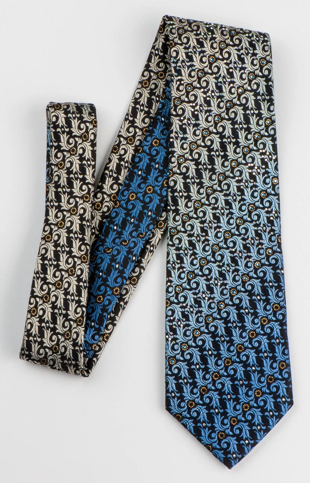 Pierre Cardin Men's Silk Rhinestone Tie Blue Imperial Leaf With Golden Sparkles