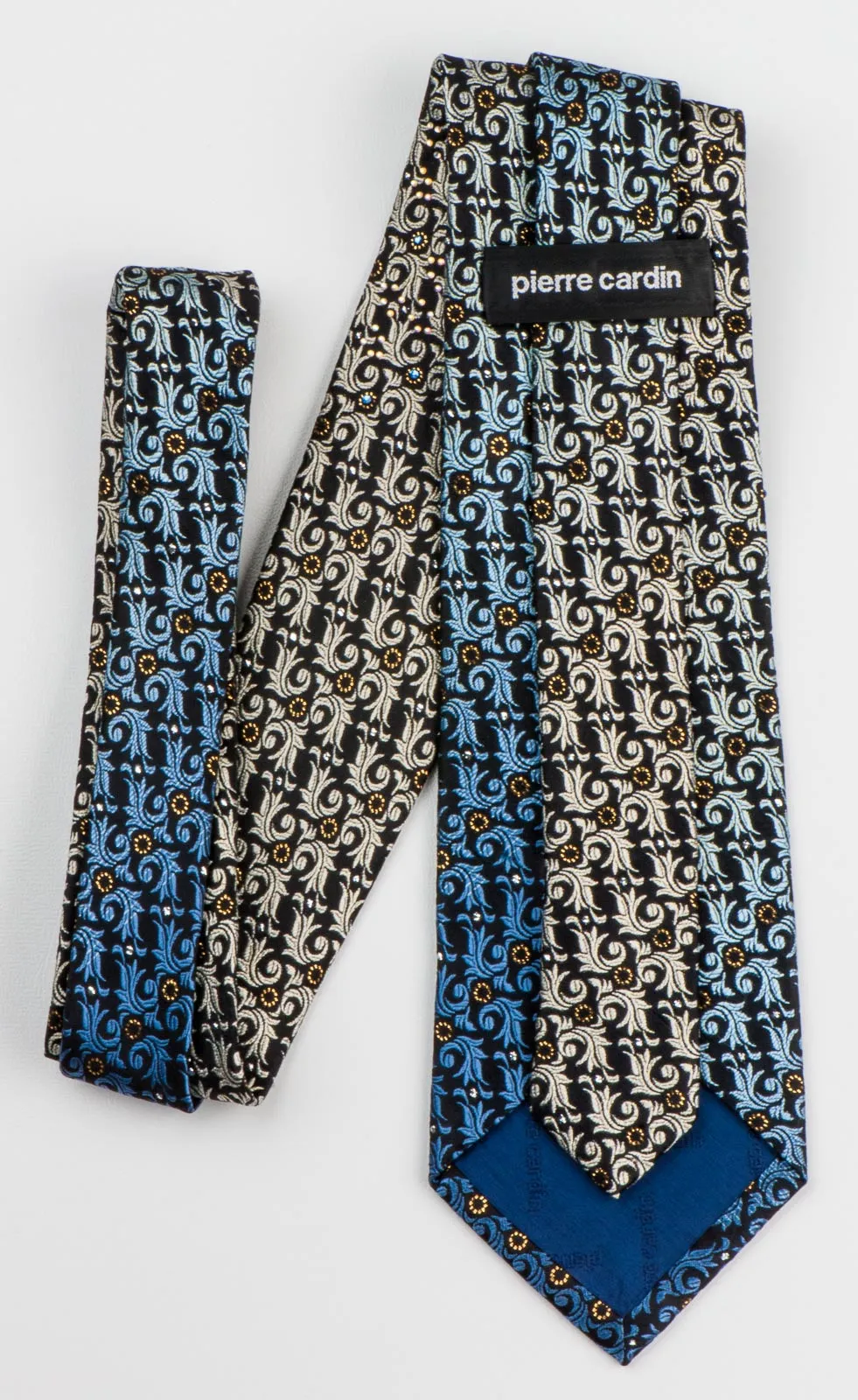 Pierre Cardin Men's Silk Rhinestone Tie Blue Imperial Leaf With Golden Sparkles