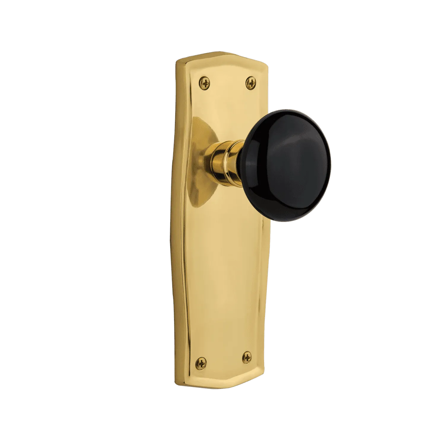 Prairie Long Plate with Black Porcelain Knob in Polished Brass