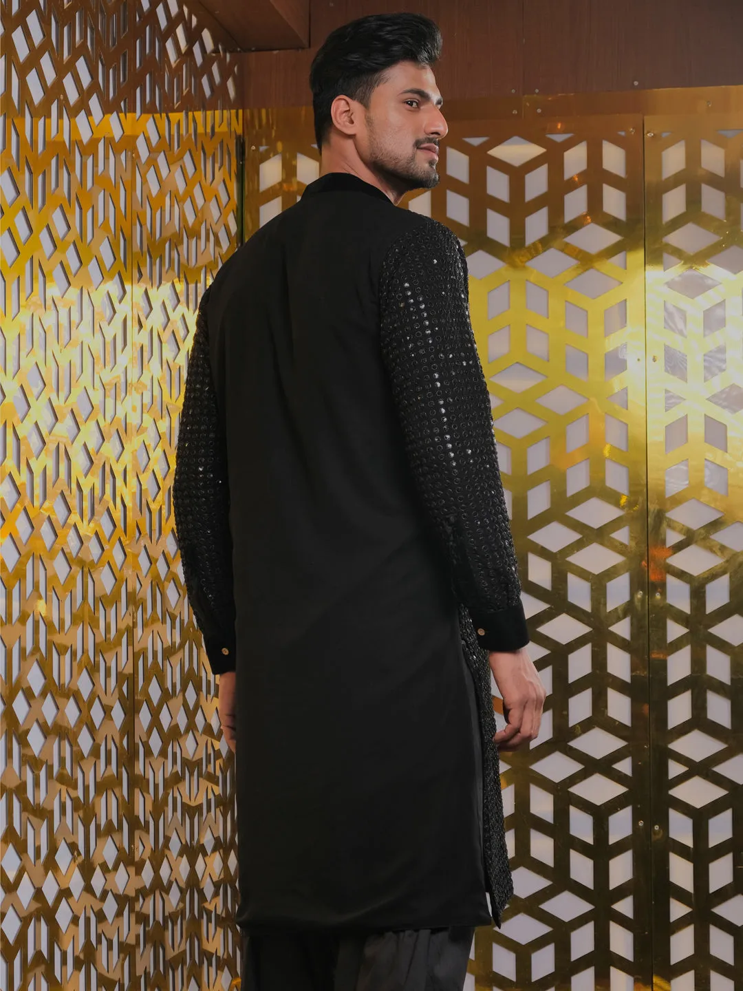 SHRESTHA By VASTRAMAY Men's Black Mirror Georgette Kurta