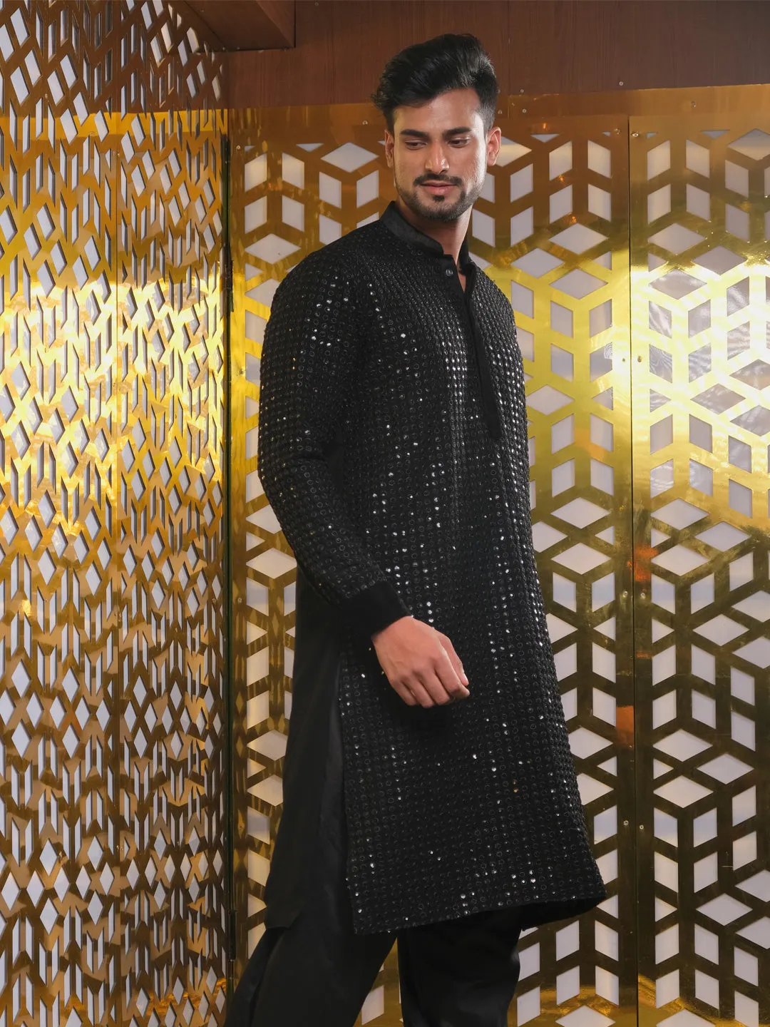 SHRESTHA By VASTRAMAY Men's Black Mirror Georgette Kurta