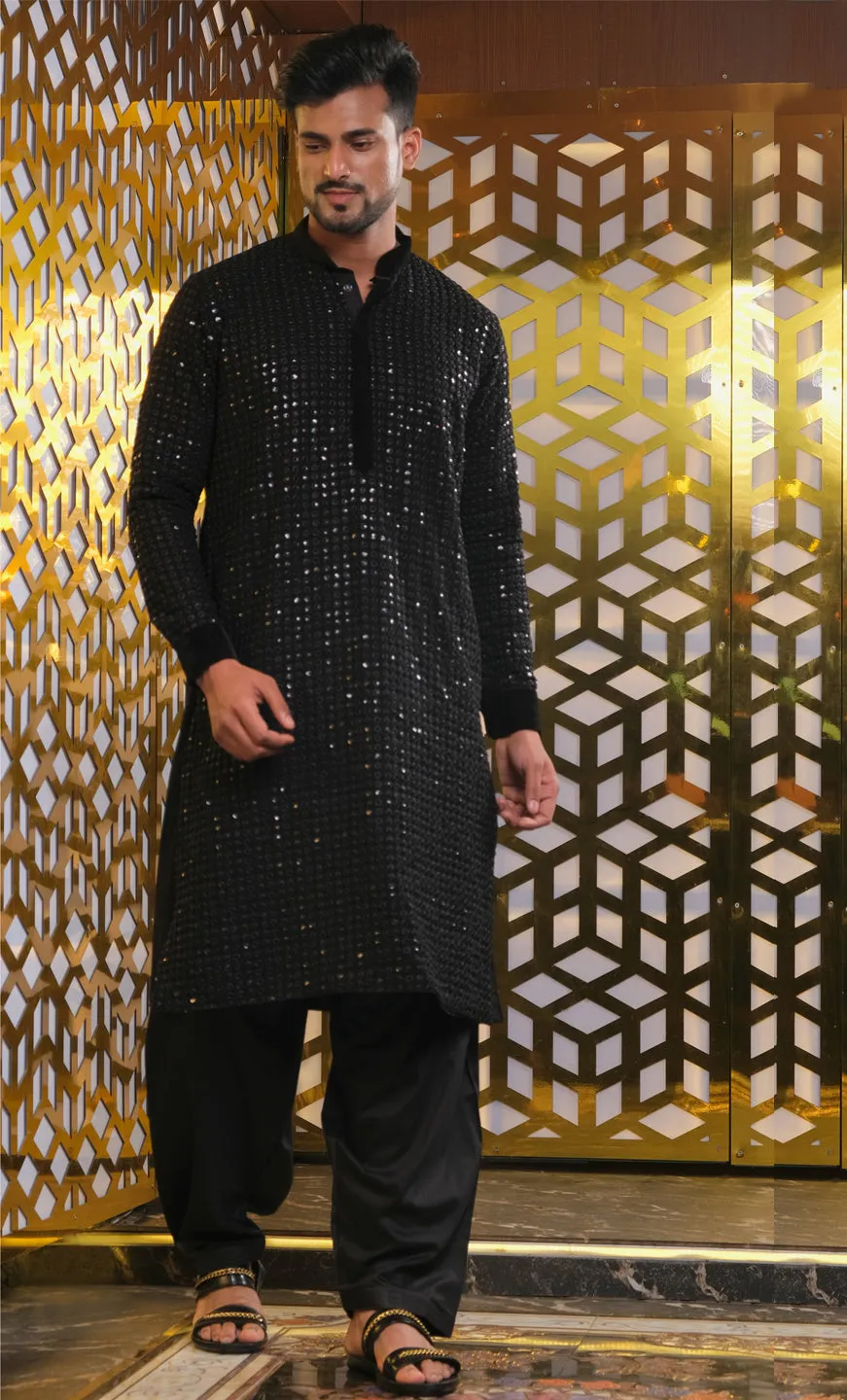 SHRESTHA By VASTRAMAY Men's Black Mirror Georgette Kurta
